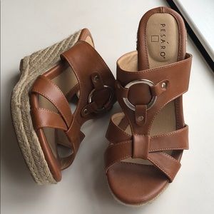 Brown leather opened toed rope wedge heel